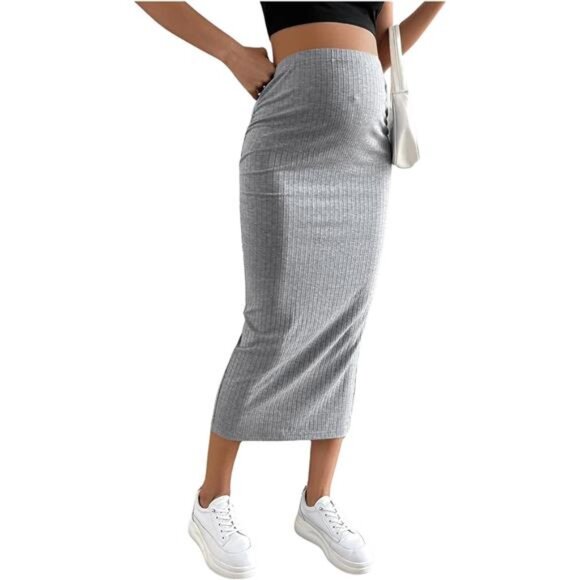 Women's Skirt Rib Knit High Waist Long Skirt Light Grey - Picture 1 of 6